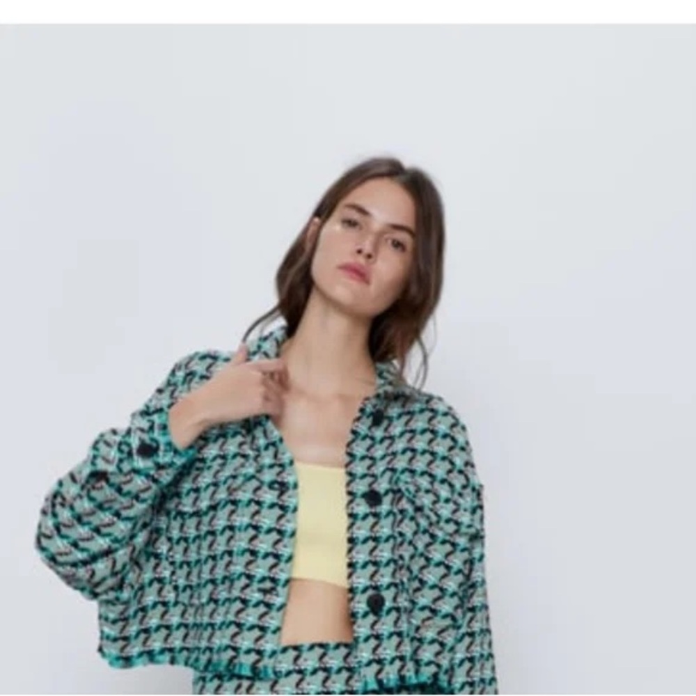 Zara Teal and Black Tweed Houndstooth Blazer sz S NWT